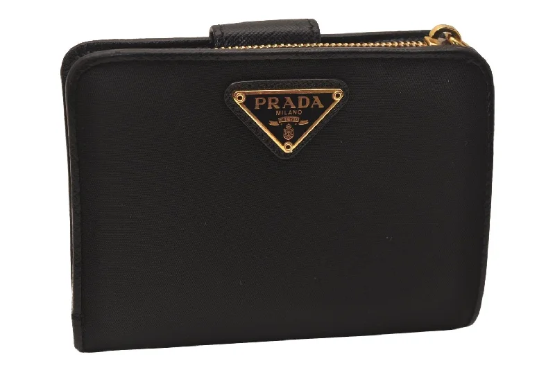 Prada bags with a front - flap pocket for quick access to essentialsAuthentic PRADA Vintage Nylon Saffiano Leather Bifold Wallet Purse Black 7762J