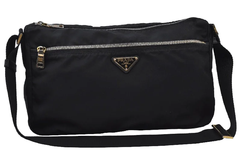 Prada handbags with a metal - framed clasp for durability and styleAuthentic PRADA Nylon Leather Shoulder Cross Body Bag Black L0094