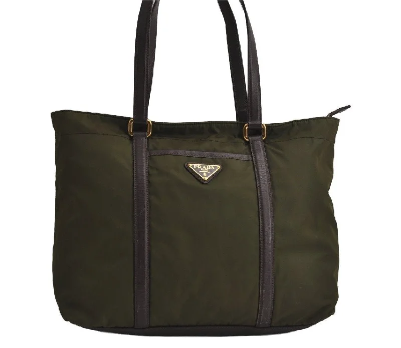 Ladies Prada Re - Edizione 2005 bags with a star - shaped charm for a playful touchAuthentic PRADA Vintage Nylon Tessuto Leather Shoulder Tote Bag Green 7912J