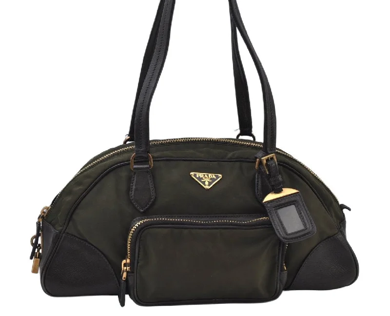 Prada tote bags with a spacious interior and a magnetic - snap closureAuthentic PRADA Nylon Leather Shoulder Hand Bag Khaki Green L0108