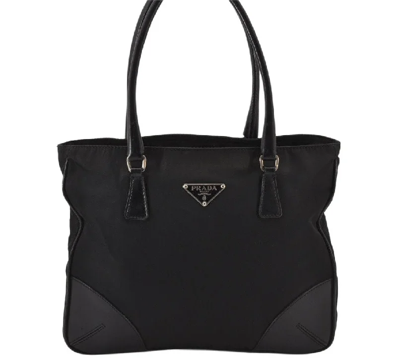 Prada bags with a front - zip pocket for small items like cards and keysAuthentic PRADA Vintage Nylon Tessuto Leather Tote Hand Bag Purse Black 7018K