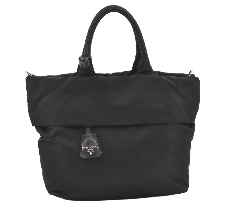 Ladies Prada handbags with a detachable wallet inside for added convenienceAuthentic PRADA Nylon Tessuto Leather 2Way Hand Tote Bag Black 0138K