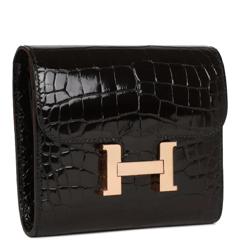 Sparkling Hermes Bags with Diamond - Encrusted AccentsHermes Constance Compact Wallet Black Shiny Alligator Rose Gold Hardware