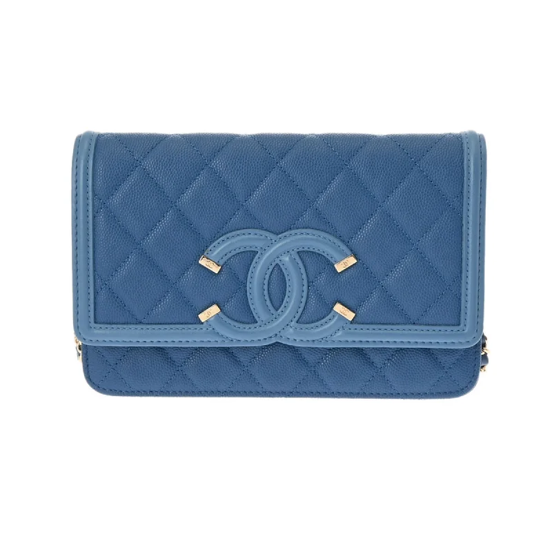 Chanel bags with intricate metal hardwareCHANEL CC Figley Chain Shoulder Bag Blue A84451 Women's Caviar Skin