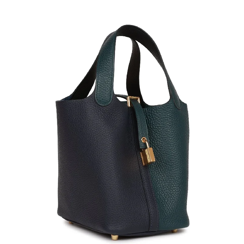 Designer - Crafted Hermes Bags for Fashion AficionadosHermes Picotin Lock 18 Casaque Vert Cypress, Bleu Nuit and Black Clemence Gold Hardware