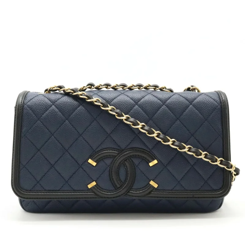 Chanel bags for women who appreciate fine craftsmanshipCHANEL CC Filigree Flap Bag Chain Shoulder Caviar Skin Leather Navy A93340