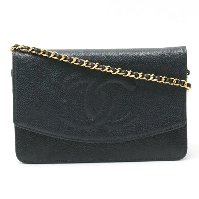 Chanel classicCHANEL Caviar Skin Coco Mark Chain Wallet Shoulder Bag Leather Black A13509