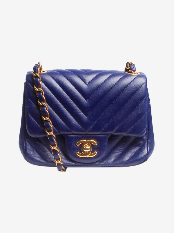 Functional Hermes Roulis Bags with Multiple CompartmentsNavy blue 2015 lambskin Mini Square Classic Single Flap bag