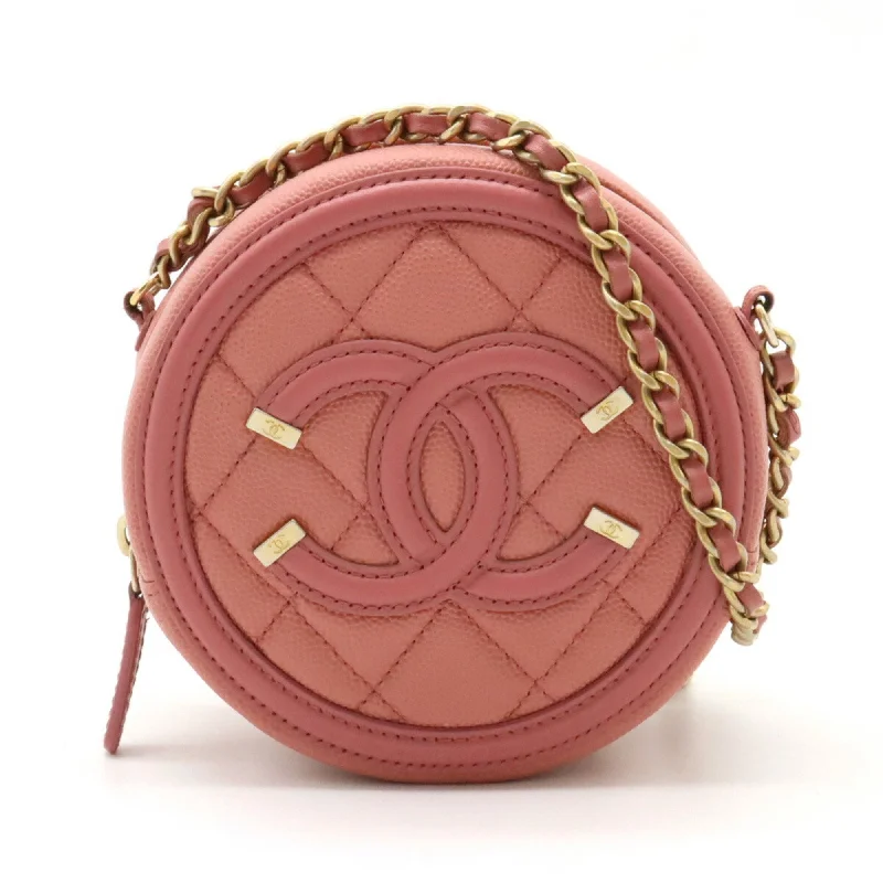 Chanel bags with gold, silver, and pearl accentsCHANEL CC Filigree Coco Mark Round Chain Shoulder Bag Caviar Skin Leather Pink AP0365