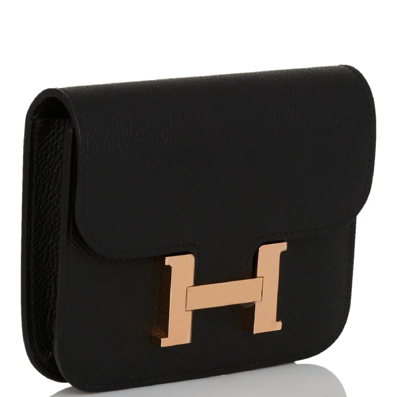 Hermes Bags with Detachable Pouches for VersatilityHermes Constance Slim Wallet Black Epsom Rose Gold Hardware