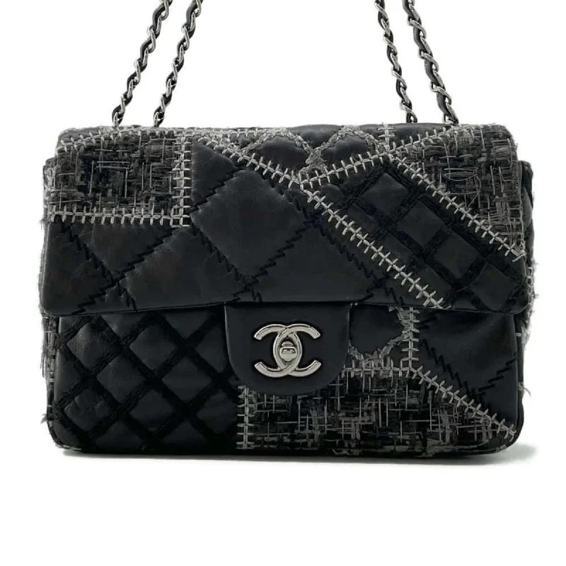 Chanel bags with intricate metal hardwareChanel Chain Shoulder Bag Coco Mark Patchwork Tweed Lambskin CHANEL Black