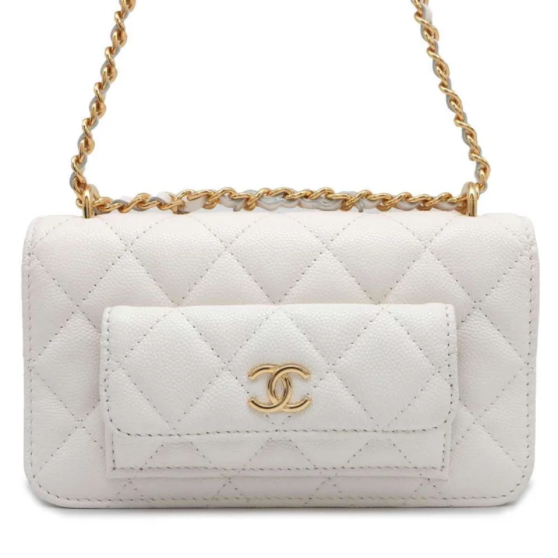 Chanel bags with iconic gold chainsChanel Chain Wallet Matelasse Coco Mark Caviar Skin CHANEL Pochette White Pouch Women's WALLET