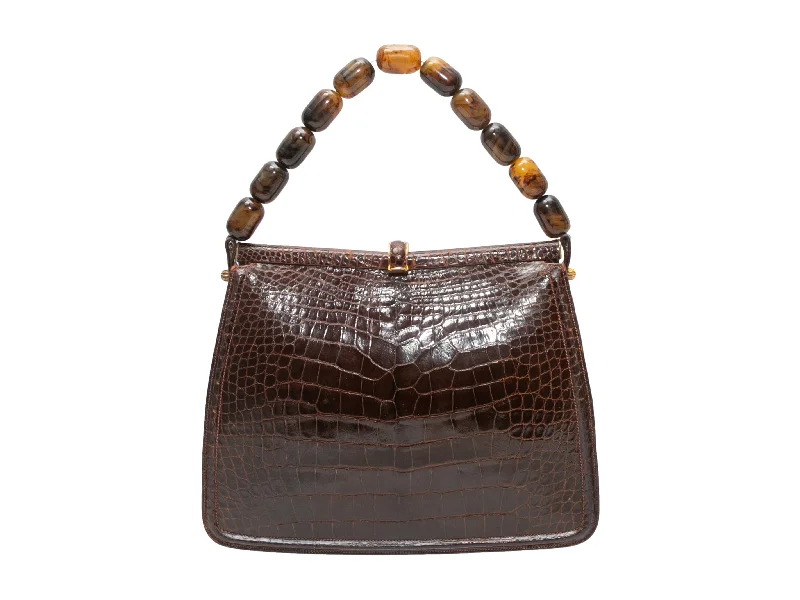 Hermes Bags with Chain - Link Handles for a Touch of GlamourVintage Brown Lucille de Paris Alligator Beaded Handle Handbag