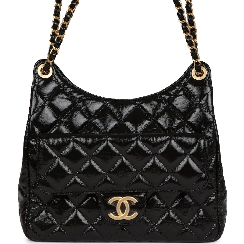 Chanel Chain Strap Handbag for Everyday UseChanel CC Hobo Bag Black Shiny Crumpled Calfskin Gold Hardware