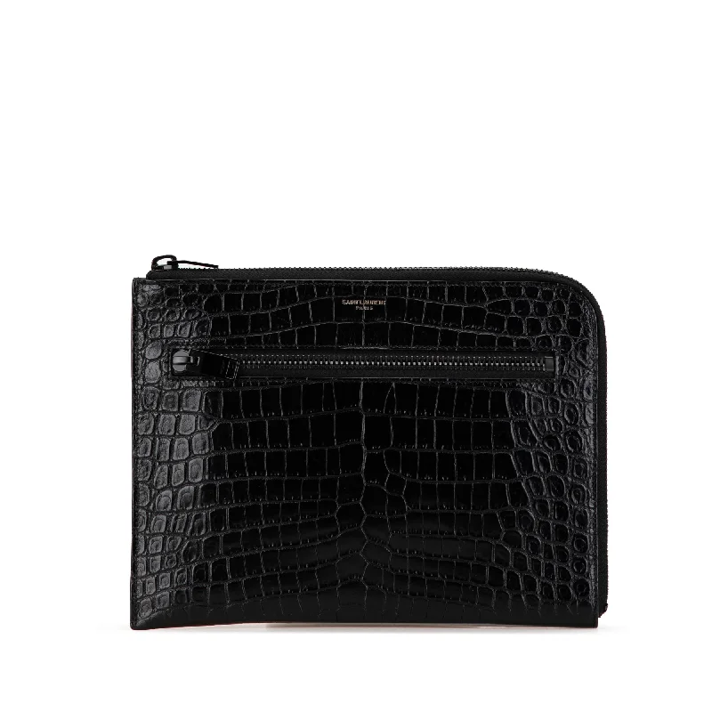 Monogram - Embellished Hermes Bags for a Personalized FlairBlack Saint Laurent Croc Embossed Leather Clutch