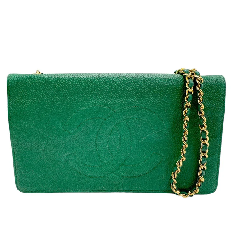 Chanel Handbag with Adjustable Strap for ComfortCHANEL Chain Wallet Coco Mark Caviar Skin Leather Green Women's n0053