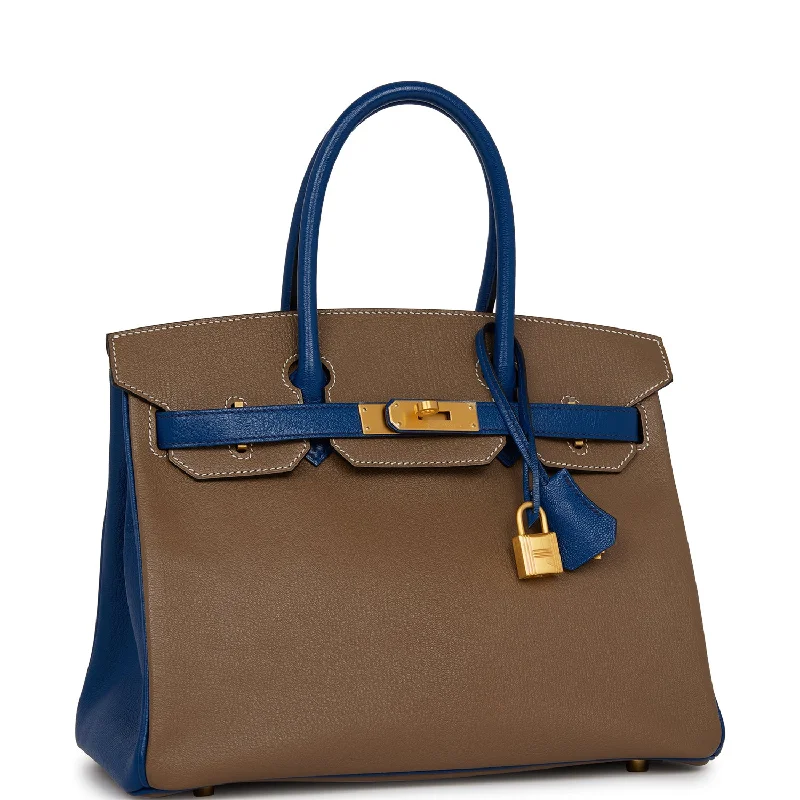 Compact Hermes Herbag Zip for Effortless CarryingHermes Special Order (HSS) Birkin 30 Etoupe and Bleu Saphire Chevre Brushed Gold Hardware