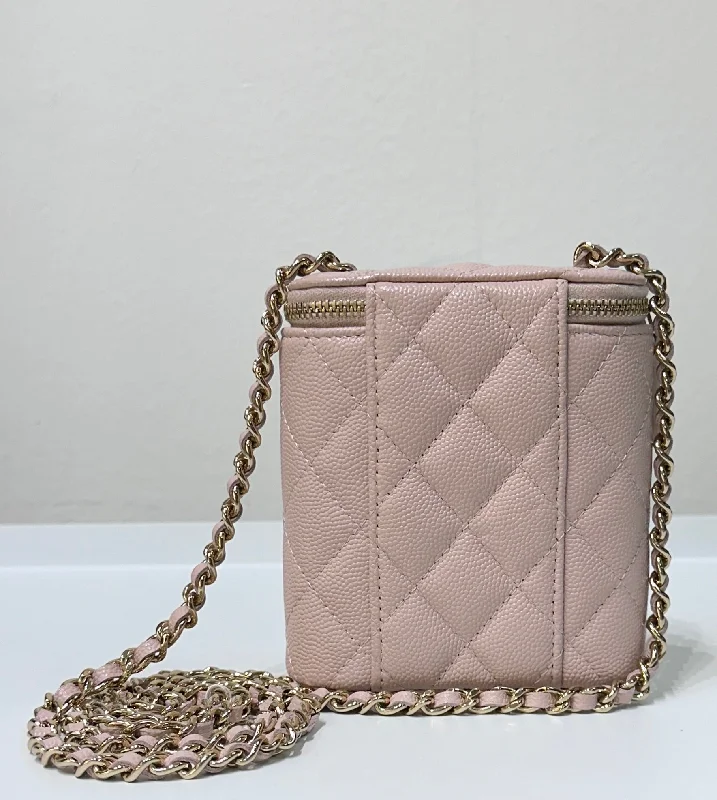 Chanel Quilted Leather Shoulder Bag for FashionistasCHANEL Caviar Quilted Small Vertical Coco Beauty Vanity Case With Chain Light Pink