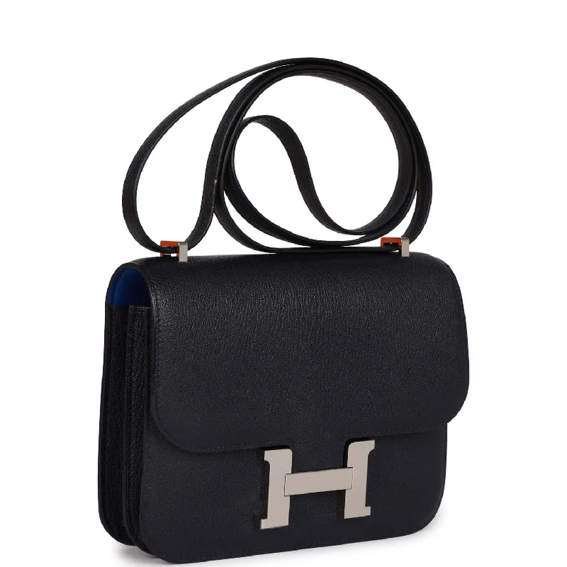 Stylish Hermes Kelly Bags with Custom - Engraved PlatesHermes Special Order (HSS) Constance 18 Bleu Indigo Verso Chevre Palladium Hardware